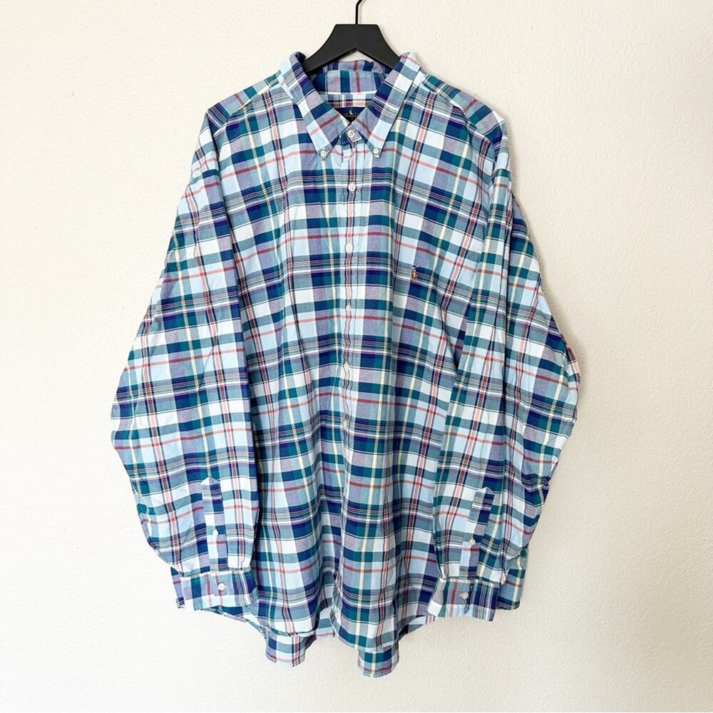 Ralph Lauren Shirt‎ Mens Oxford Button Down Blue Plaid 100% Cotton Size 4XB
